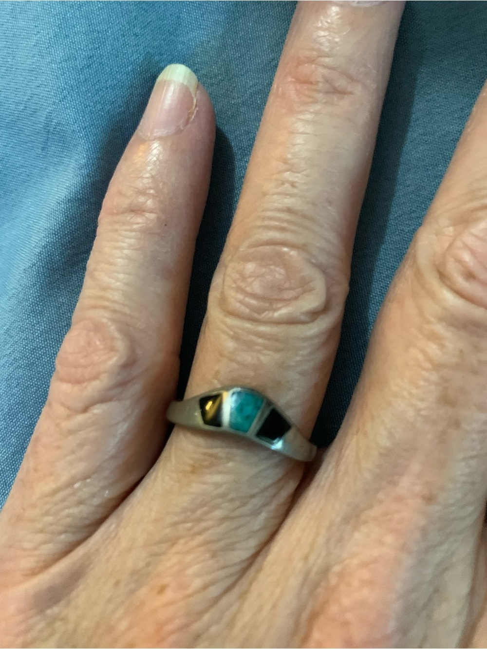 Vintage COP Silver-Tone Ring with Inlaid Faux Turquoise and Onyx Stones